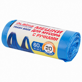 Мешки для мусора с ручками LAIMA ULTRA 60 л, синие, рулон 20 шт., прочные, ПНД 17 мкм, 60х80 см