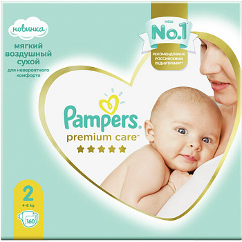 Подгузники, 160 шт., PAMPERS (Памперс) "Premium Care New Baby", размер 2 (4-8 кг)
