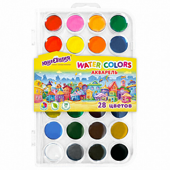 Краски акварельные ЮНЛАНДИЯ "ДОМИКИ" 28 цветов, круглые кюветы 28 мм, пенал