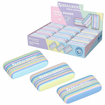 Ластик BRAUBERG "PASTEL STRIPES", 45х24х10 мм, пастельные цвета ассорти