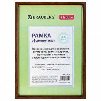 Рамка 21х30 см, пластик, багет 15 мм, BRAUBERG "HIT", орех с позолотой, стекло