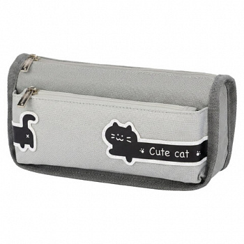 Пенал мягкий BRAUBERG, 2 отделения, полиэстер, "Long cat", светло-серый, 21х9х6 см