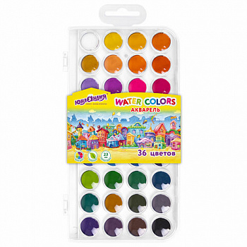 Краски акварельные ЮНЛАНДИЯ "ДОМИКИ" 36 цветов, круглые кюветы 23 мм, пенал