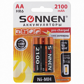 Батарейки аккумуляторные Ni-Mh пальчиковые КОМПЛЕКТ 2 шт., АА (HR6) 2100 mAh, SONNEN