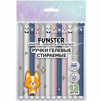 Ручки гелевые стираемые FUNSTER "CUTE ANIMALS", СИНИЕ, НАБОР 12 ШТ., корпус soft-touch, игольчатый узел 0,5 мм, линия письма 0,35 мм