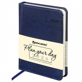 Ежедневник датированный 2026, МАЛЫЙ ФОРМАТ 100х150 мм, А6, BRAUBERG "Imperial", под кожу, синий