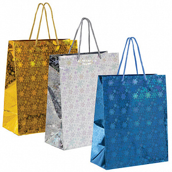 Пакет подарочный новогодний НАБОР 4 шт. 26x13x32 см (L), ГОЛОГРАФИЯ 3 цвета ЗОЛОТАЯ СКАЗКА