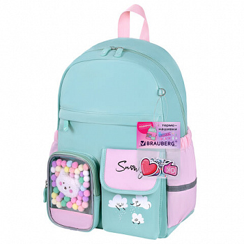 Рюкзак BRAUBERG PASTEL с термонашивками в комплекте, "Funny clouds", мятный, 40х29х14 см