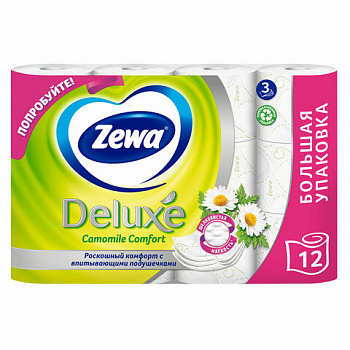 Бумага туалетная 3-х слойная 12 рулонов (12х18 м), С АРОМАТОМ РОМАШКИ, ZEWA Deluxe