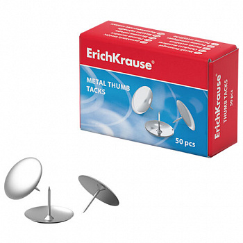 Кнопки канцелярские ERICH KRAUSE металлические никелированные, 50 штук, в картонной коробке