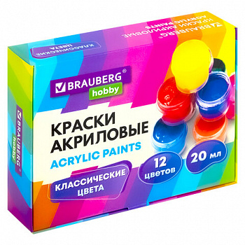 Краски акриловые для рисования и творчества 12 цветов по 20 мл, BRAUBERG HOBBY