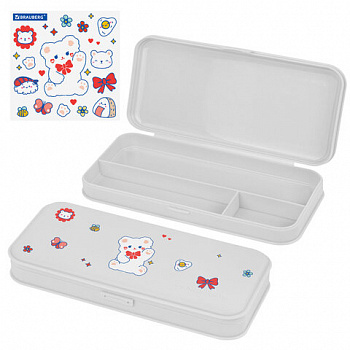 Пенал пластиковый BRAUBERG, серый, С НАКЛЕЙКАМИ, 21х9х3 см