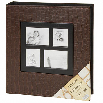 Фотоальбом BRAUBERG на 500 фотографий 10х15 см, обложка под кожу крокодила, рамка для фото, коричневый