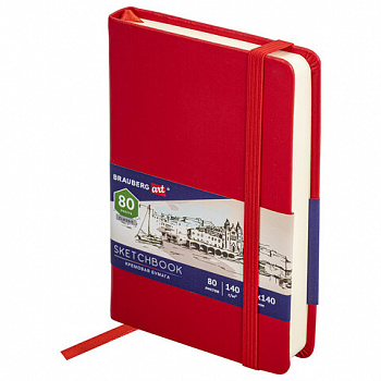 Скетчбук, слоновая кость 140 г/м2 90х140 мм, 80 л., КОЖЗАМ, резинка, BRAUBERG ART CLASSIC, красный