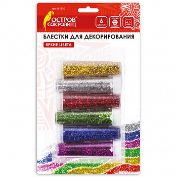 Блестки (глиттер) для декора, поделок, DIY, творчества, оформления, ОСТРОВ СОКРОВИЩ, НАБОР, 6 цветов по 6,5 грамм, блистер