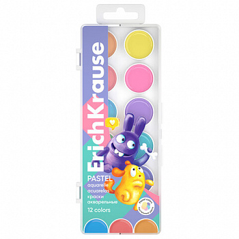 Краски акварельные ERICH KRAUSE "Jolly Friends Pastel", 12 цветов, пластиковый пенал, европодвес
