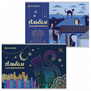 Альбом для рисования А4, 40 листов, скоба, тиснение фольгой, BRAUBERG, 202х285 мм, "Кошечки" (2 вида)