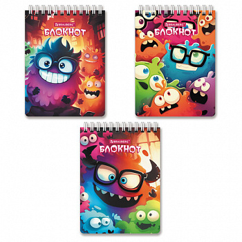 Блокнот МАЛЫЙ ФОРМАТ А6 97х145мм, 60л, гребень, картон, клетка, BRAUBERG МОНСТРИКИ