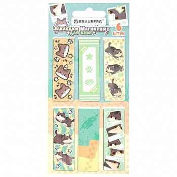 Закладки для книг МАГНИТНЫЕ, "МИЛЫЕ КОТЫ", набор 6 штук, 60x20 мм, BRAUBERG
