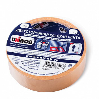 Клейкая двухсторонняя лента 25 мм х 10 м, ПОЛИПРОПИЛЕНОВАЯ ОСНОВА, UNIBOB