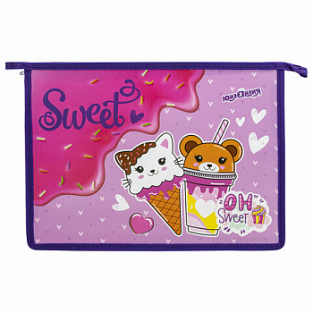 Папка для тетрадей ЮНЛАНДИЯ А4, 1 отделение, пластик, на молнии, "Candy friends"