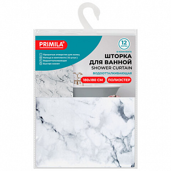 Шторка для ванной ПОЛИЭСТЕР, 180х180 см, кольца в комплекте, БЕЛЫЙ МРАМОР, PRIMILA (ПРИМИЛА)