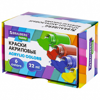 Краски акриловые художественные 6 цветов в банках по 22 мл, BRAUBERG HOBBY