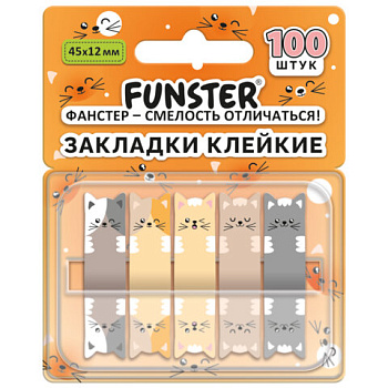 Закладки клейкие Z-сложения FUNSTER (ФАНСТЕР) "Коты", 45х12 мм, 100 шт., (5 цветов х 20 листов), в диспенсере