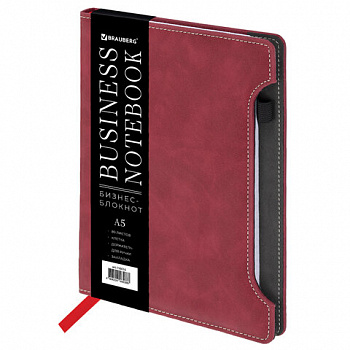 Блокнот А5 165x218 мм, BRAUBERG "Perfect", под кожу софт-тач, держатель для ручки, 80 листов, клетка, бордовый