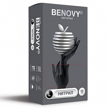 Перчатки нитриловые смотровые 50 пар (100 штук), размер 8-9, L (большой), черные, BENOVY Nitrile Chlorinated