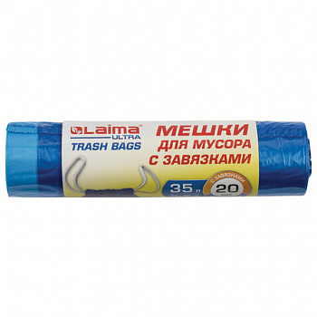 Мешки для мусора с завязками LAIMA "ULTRA" 35 л, синие, рулон 20 шт., особо прочные, ПВД 22 мкм, 50х60 см