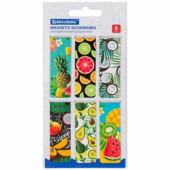 Закладки для книг МАГНИТНЫЕ, "FRUITS", набор 6 шт., 60x20 мм, BRAUBERG
