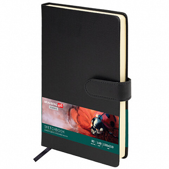 Скетчбук, слоновая кость 140 г/м2 130х210 мм, 80 л., КОЖЗАМ, застежка, BRAUBERG ART CLASSIC, черный