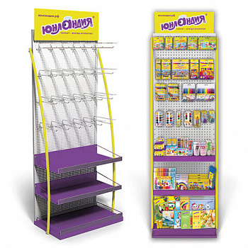 Стойка для размещения товара напольная ЮНЛАНДИЯ, 2050x600x500 мм, 25 крючков, 3 полки, металл