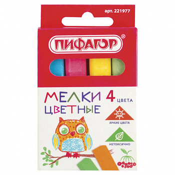 Мел цветной квадратный 4 штуки, ПИФАГОР, картонная упаковка, европодвес