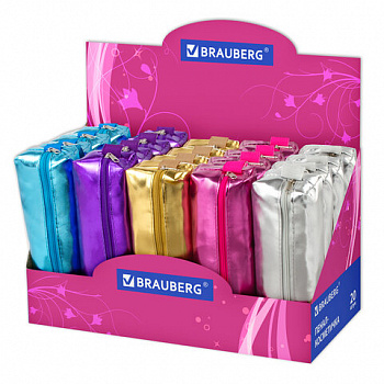 Пенал-косметичка BRAUBERG под искусственую кожу, ассорти 5 цветов, "Винтаж", 20х6х4 см, дисплей