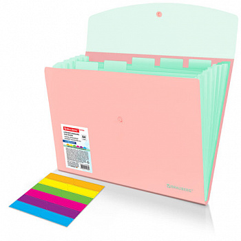 Папка-органайзер конверт на кнопке 6 отделений, BRAUBERG "Extra", A4, персиковая с мятным