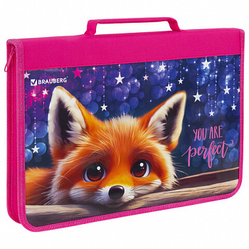 Папка на молнии BRAUBERG А4 с ручкой, с органайзером, 1 отделение, "Cute fox"