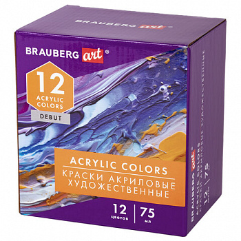 Краски акриловые художественные матовые 12 цветов в тубах по 75 мл, BRAUBERG ART DEBUT