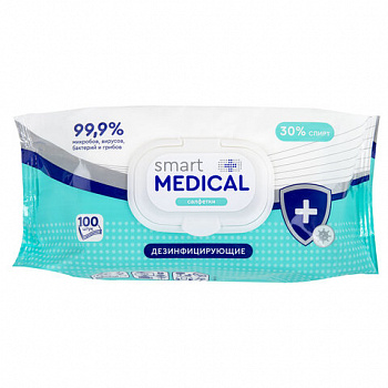 Дезинфицирующие салфетки спиртовые 100 штук SMART MEDICAL, крышка-клапан