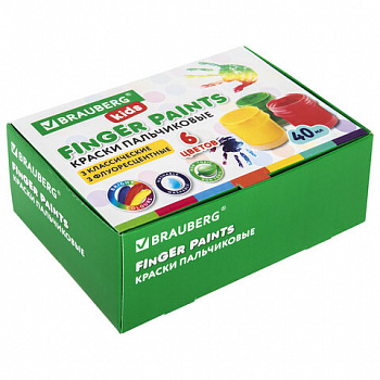 Краски пальчиковые для малышей от 1 года, 6 цветов (3 классических + 3 флуоресцентных) х 40 мл, BRAUBERG KIDS