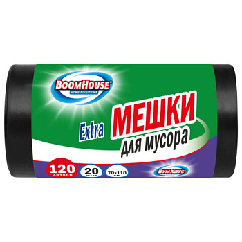 Мешки для мусора 120л черные в рулоне 20 штук прочные, ПВД 35 мкм, 70x110см, серия Extra, BOOMHOUSE