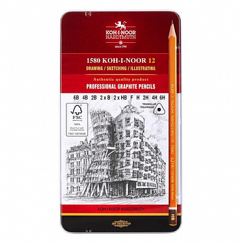 Карандаши чернографитные KOH-I-NOOR, НАБОР 12шт., "Art" 6B-6H, без резинки, металлическая коробка, 1582012001PL