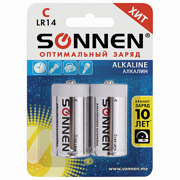Батарейки КОМПЛЕКТ 2 шт., SONNEN Alkaline, С (LR14, 14А), алкалиновые, блистер