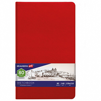 Скетчбук, слоновая кость 140 г/м2 130х210 мм, 80 л., КОЖЗАМ, резинка, BRAUBERG ART CLASSIC, красный