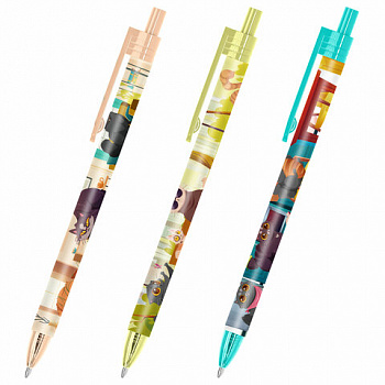 Ручка шариковая автоматическая с принтом FUNSTER "CUTE ANIMALS", корпус soft-touch, СИНЯЯ, пишущий узел 0,7 мм, линия письма 0,35 мм