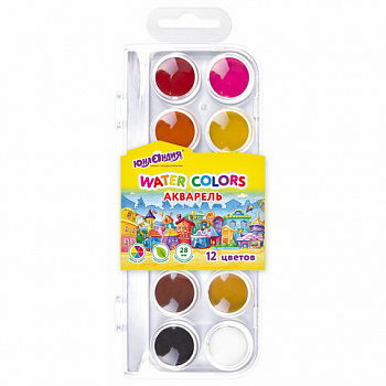Краски акварельные ЮНЛАНДИЯ "ДОМИКИ" 12 цветов, круглые кюветы 28 мм, пенал