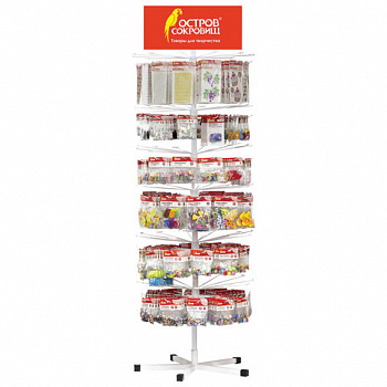 Стойка для размещения товара напольная ОСТРОВ СОКРОВИЩ с топпером, 200х57 см, 72 крючка, 6 вращающихся рядов