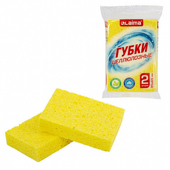 Губки для посуды 95х65х20 мм, ЦЕЛЛЮЛОЗНЫЕ, КОМПЛЕКТ 2 штуки, желтые, LAIMA