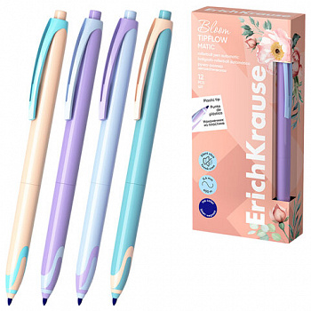 Ручка-роллер автоматическая ERICH KRAUSE "TipFlow Pastel Bloom", СИНЯЯ, корпус ассорти, 0,4 мм